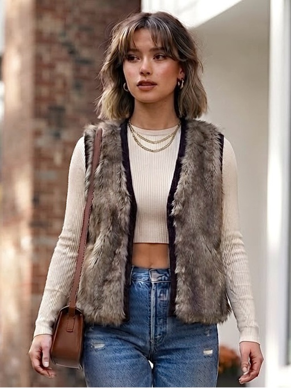 Cynthia Rowley Faux Fur Sweater Vest Brown Penny Lane Hygge Cozy Fairy Y2K Boho